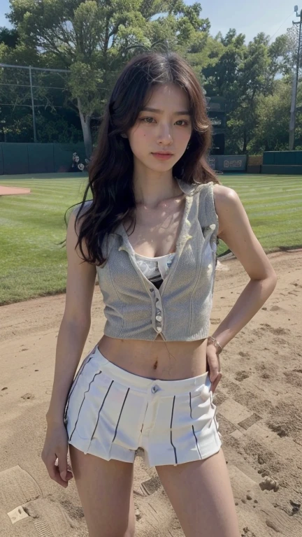 (original photography、8K、Masterpiece、high resolution、very complicated)(Reality的:1.4)、(Full body female love:1.6)、Movie lighting exquisite girl facial features 1 girl、single focus、summer noon、thermal、Long wavy hair、(sweating:1.6),1990s\(Style Skin Whitening、(small 、cleavage)、(top quality)、(baseball miniskirt)、(slender legs:1.5)、(extremely delicate and beautiful)、(Vest:1.2)、(复杂的Vest、stripe、pattern、badge)、((The Greatness of Baseball))、((On the baseball field))、(Reality)、There are two men standing behind