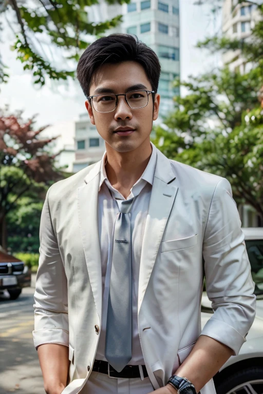 (One wears silver-white titanium alloy thin-rimmed glasses、Wearing a white shirt、Asian man in suit and tie,About 30 years old.Height 180 cm)、best quality、masterpiece、ultra high resolution、(Photo realism:1.4)、original photo、(Outdoor Highway One wears silver-white titanium alloy thin-rimmed glasses、Young handsome man in suit standing up、Standing under the red maple tree、Red and big maple leaves、delicate leaves、branch details)、(A white BMW car next to the man、Man&#39;s hands on car roof)shadow、octane rendering、8K、Super sharp、realistic light、(There is only one car on the street、man&#39;s shining eyes、looking in the direction of the camera)、小LED、Ultra high quality、　High、　gentleman、very beautiful hair、　bright photos、　As handsome as a model、　As handsome as an idol,Professional profile photo, Professional portrait photos、Realistic portrait photos, Detailed color portrait, Portrait of an idol, High quality portrait.