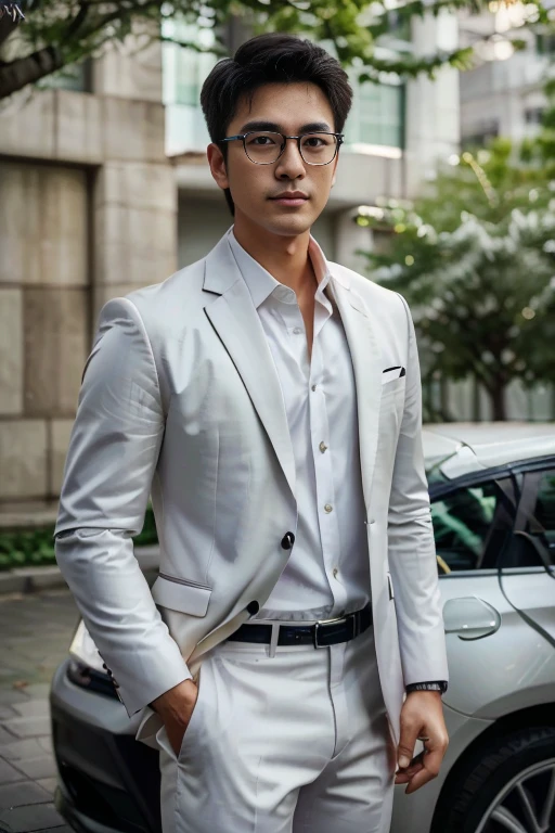 (One wears silver-white titanium alloy thin-rimmed glasses、Wearing a white shirt、Asian man in suit and tie,About 30 years old.Height 180 cm)、best quality、masterpiece、ultra high resolution、(Photo realism:1.4)、original photo、(Outdoor Highway One wears silver-white titanium alloy thin-rimmed glasses、Young handsome man in suit standing up、Standing under the red maple tree、Red and big maple leaves、delicate leaves、branch details)、(A white BMW car next to the man、Man's hands on car roof)shadow、octane rendering、8K、Super sharp、realistic light、(There is only one car on the street、man's shining eyes、looking in the direction of the camera)、小LED、Ultra high quality、 High、 gentleman、very beautiful hair、 bright photos、 As handsome as a model、 As handsome as an idol,Professional profile photo, Professional portrait photos、Realistic portrait photos, Detailed color portrait, Portrait of an idol, High quality portrait.