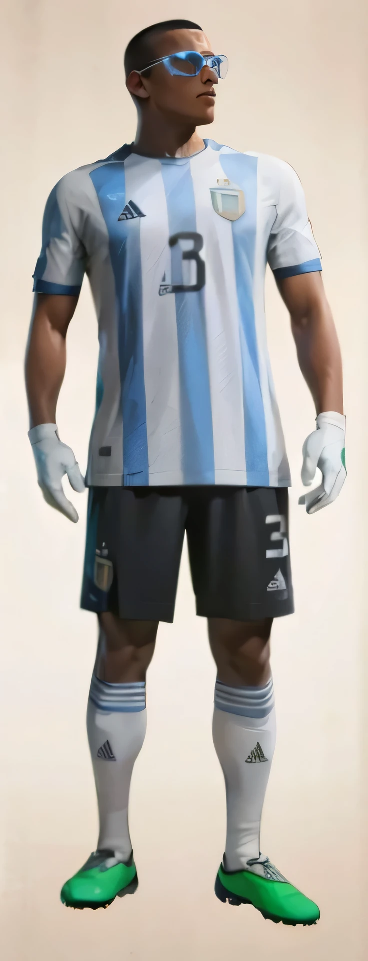maximum precision，Muscular man wearing only black shorts， botines verdes，calcetines blancos futbol，zapatos de futbol，Detalles gafas azules，Cara guapa adolescente，The expression is shy，pelo corto y negro，The background is a soccer field，El fondo es rico en detalles，Viento deportivo, escudo argentina, Argentina national team t-shirt, detail number 3 on t-shirt, anime