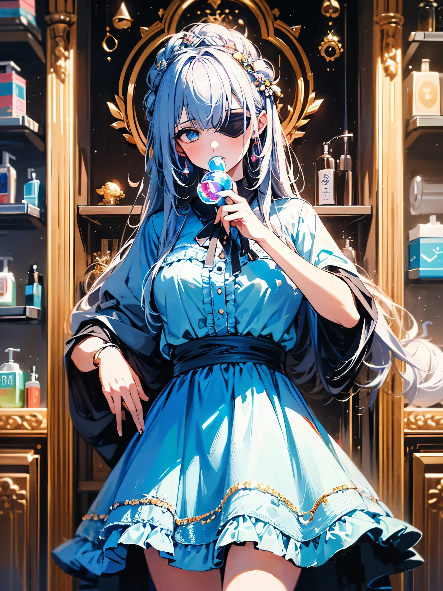 1 garota, cabelo longo, cor de cabelo brilhante colorido e degrade, olhos sedutores, mysterious expression, mature appearance, vestido curto encantador, flowing dress, elegant jewelry, intricate decoration, magic symbols, shiny accessories, pergaminhos, sotaques fofos, arcos, flores, jaqueta babylook mostrando decote, ((( the girl is holding a hoop and blowing soap bubbles, fazendo bico com sua boca))), corpo inteiro, sentada de pernas cruzadas, salta alto, blindfold