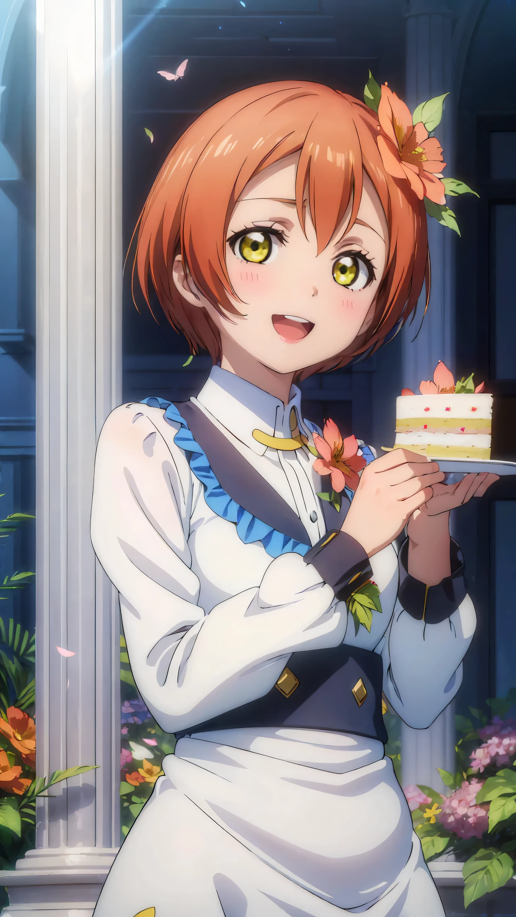 ((masterpiece)) (best quality) beautiful detailed eyes) (ultra-detailed) (finely detailed) 2d, beautiful 2d art, , solo, 1girl, rin hoshizora, , looking at viewer, smile، upper body  flowers, shiny pillars, shiny butterflies, magical shiny garden, 1girl, solo, looking at the viewer, happy open mouth, falling flowerpetals, standing (upper body: 1.5) (holding a blank piece of cake it to the viewer: 1.5) 