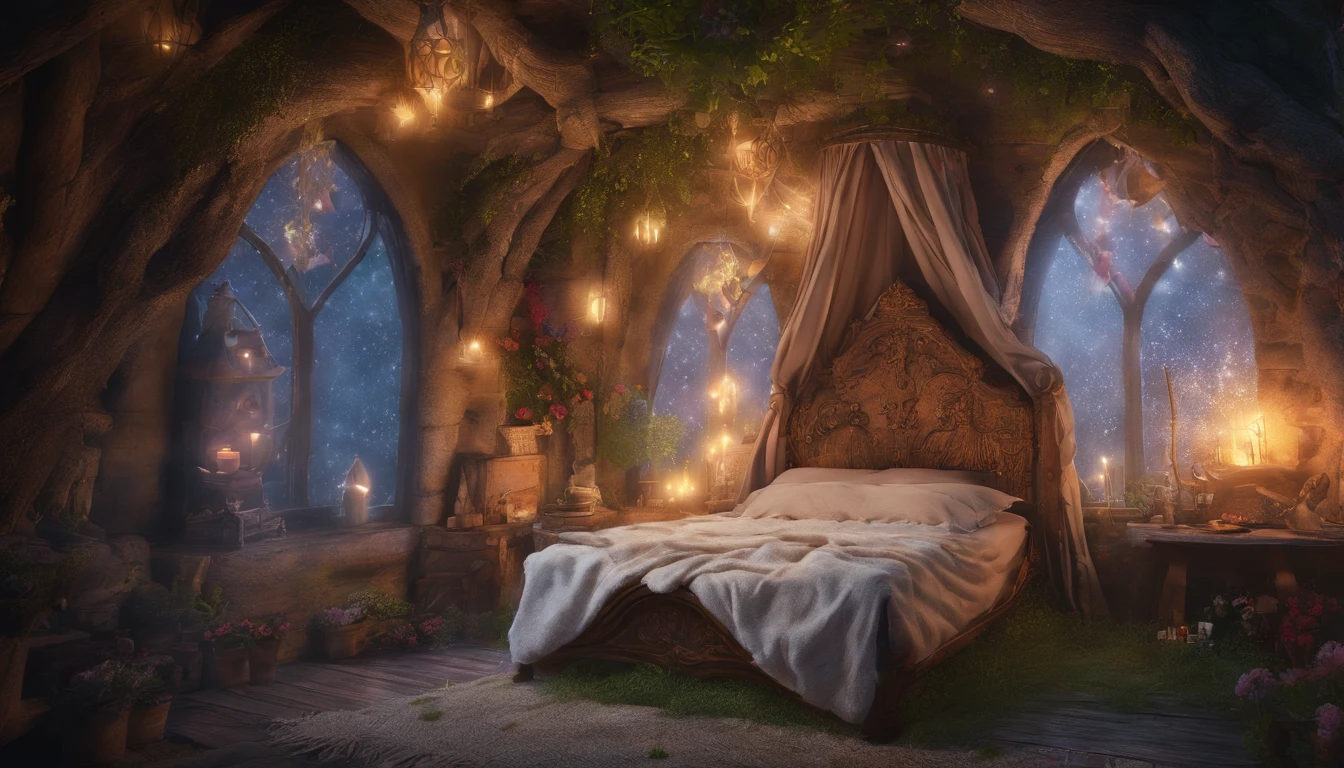 Zoom in on rustic pillows, bed in a fairy house at midnight, rustic wooden bed with fluffy pillows and handmade quilted blanket, soft light from natural light fixtures, room decorated with natural materials, jewelry and flowers, magical and mysterious atmosphere, ultimate relaxing space, real, photo, single person view, super detail, high detail, high quality, 8K, very realistic、photograph、one person perspective、super detail、high detail、high quality、8K、