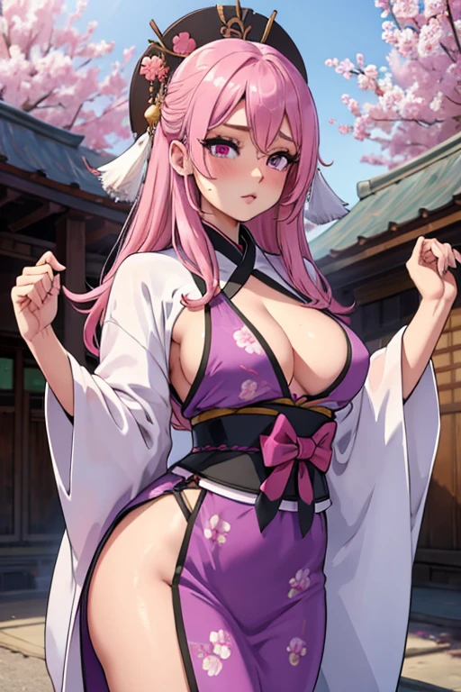 A pink haired woman with violet eyes and an hourglass figure in a traditional kimono is blushing in  a festival