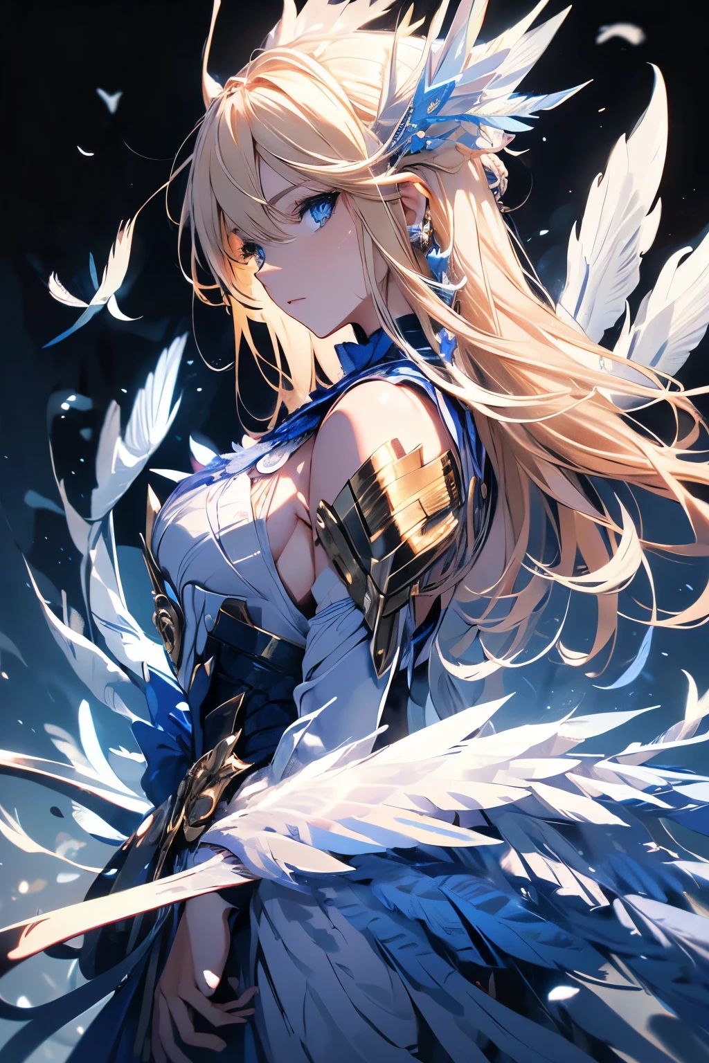 4K quality:1.2,Super beautiful illustration:1.2,Seraph,((Six white feathers on the back)),blonde,long hairstyles,((Beautiful cobalt blue eyes:1.2)),null