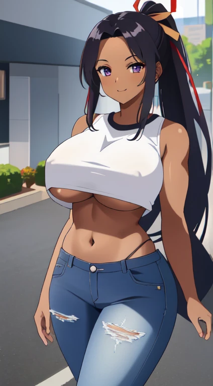 masterpiece, best quality, anime illustratuon, 4k anime Illustration, 1 girl, solo, standing, long hair, black hair, violet eyes,ponytail, Red hair ribbon, white crop top, underboob, thin fabric, , jeans, , , looking_at_viewer,  motherly smile, upper_body, dark skin, ((city background:1.0)), ((dark skin: 1.2)), , ((parted bangs: 1.4)), ((massive forehead: 1.2)), muscular, athletic, six pack, tan skin