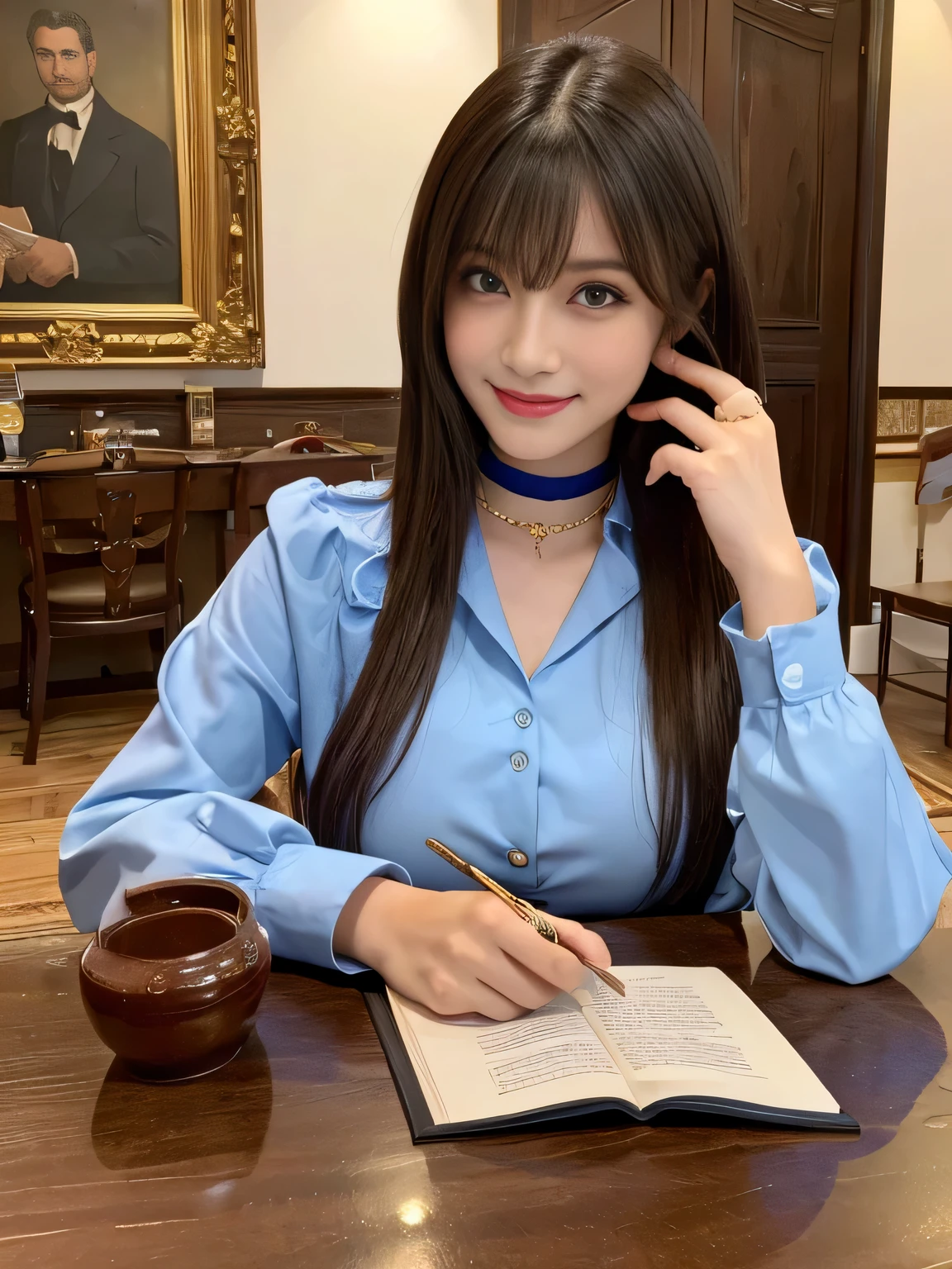 ((highest quality, 8K, Representative works in detail, ultra high resolution)), (looking at the viewer), (middle shot), attractive woman, ((big breasts)), ((white collared shirt, smile, black choker)), slim body shape, (big breasts, blue color contacts), long eyelashes, bangs, Beautiful shiny brown hair, Nogizaka Idol, Medieval style room, Wood grain walls, Wooden furniture, spacious room, VIP treatment, sitting opposite each other across the table, There are documents on the table, There are gold coins on the table, The background is a large room