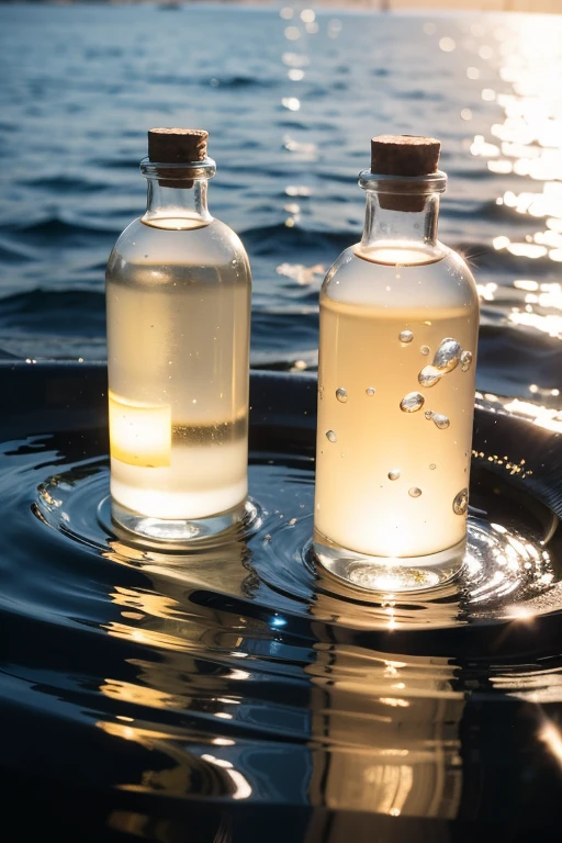 Two bottles of paper packaging showing the bottles from dark to light，Bottle reflection on water surface，A water ripple passes in front of the bottle