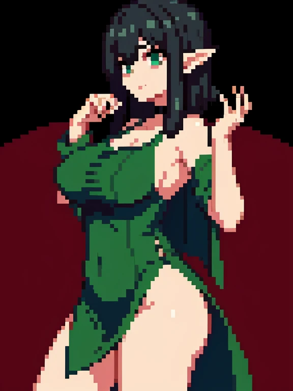 Elf mature,first breast, black hair, green dress, killers eye