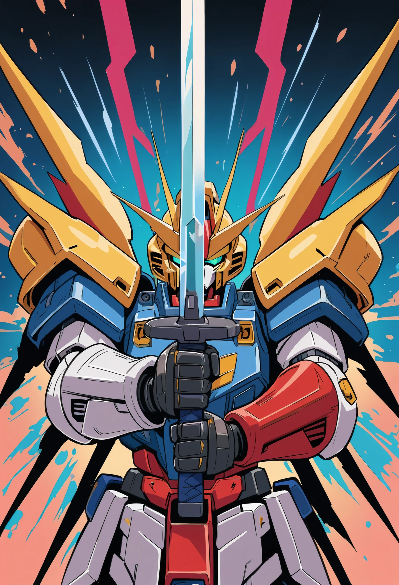 Gundam,mcbess style,Sword in both hands,sword focus