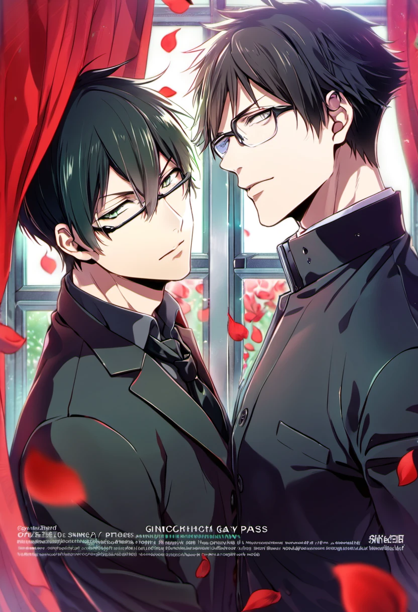 Ultra detailed, highres, absurdres, HDR, Kougami shinya, black hair, silver eyes, Ginoza Nobuchika, black hair, green eyes, glasses, Psycho-Pass, handsome, window, red petals, red curtains, black jacket, 2 men together, gay couple