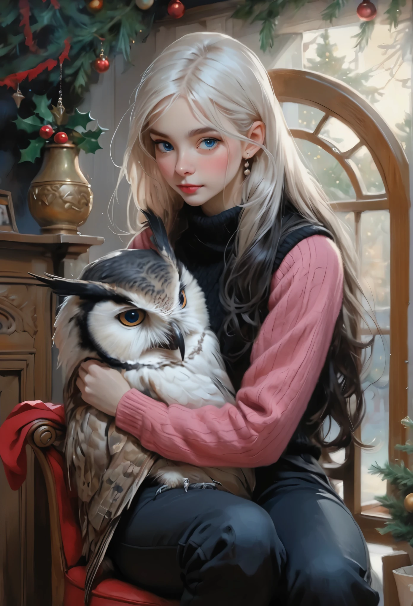 realism, picture, Fantastic tale, Christmas style, John Tolkien style, Small painting by Jean-Baptiste Monge,  Rocker owl hugs rocker swallow, soft facial features, sitting in a chair with flowing black hair , Straight hair , near the Christmas tree, soft facial features, Wearing trousers,  Wearing a sweater, With light makeup,  dark pink lips,  lip shape"pearl" ,"curved eyebrows in the shape of Engriberts, Blue eyes,  heavy-lidded eye shape, human hand,   Human hand, very clear without flaws with five fingers,Черные длинные Straight hair ,, In a short red sweater, in black trousers,mischievous character, a fireplace, Christmas tree, present, Jean-Baptiste Monge, anthropomorphic --ar 2:3 --testp - optimistic;  Straight hair