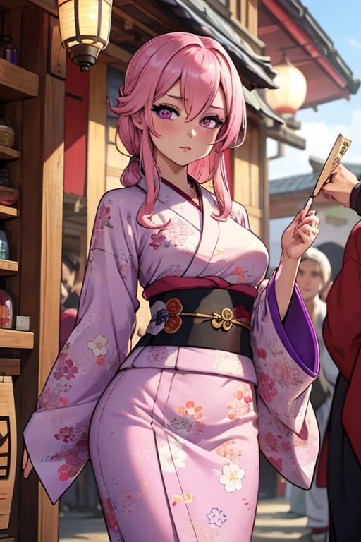 A pink haired woman with violet eyes and an hourglass figure in a traditional kimono is blushing in a festival