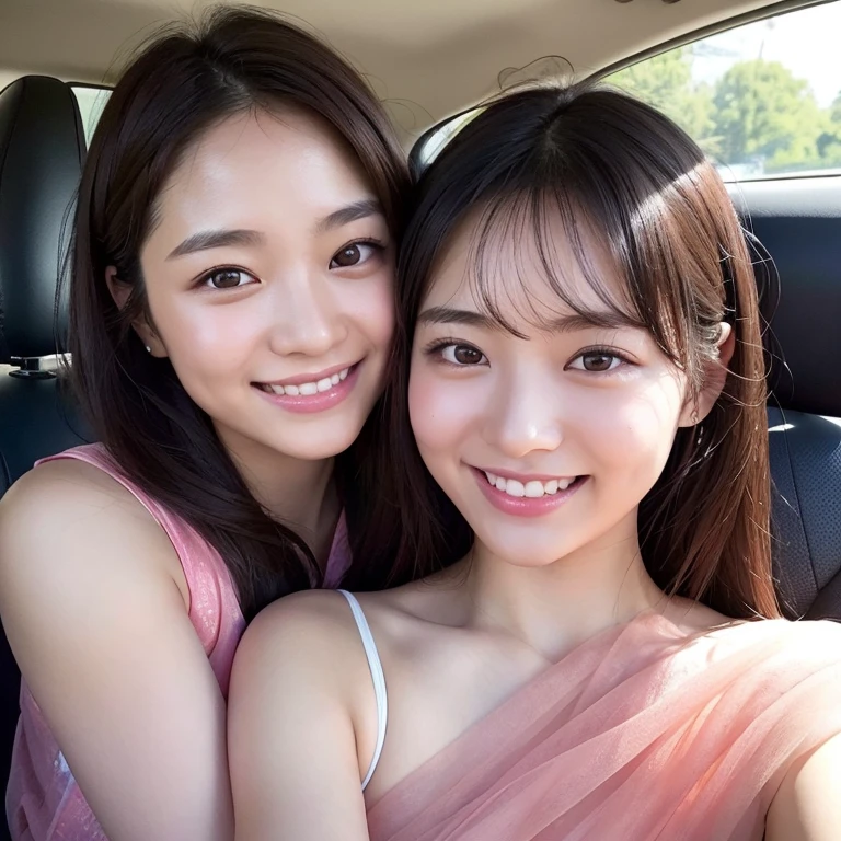 The eyes of two beautiful 18-year-old Japanese women in the back seat of a car, hugging each other with large translucent pink fabric over their heads, looking at me and smiling teasingly. Focal length 100mmf/2.8, spring, sunny, backseat in a minivan, cherry blossom petals inside the car, well-shaped face, natural smile, toned body, transparent skin, large peach-colored translucent fabric , maximum close-up of the eyes, realistic feeling, 8K image quality, highest quality.