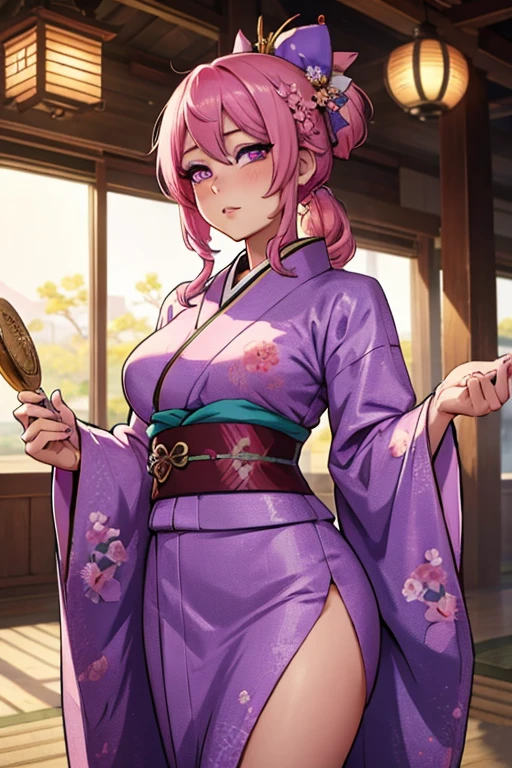 A pink haired woman with violet eyes and an hourglass figure in a traditional kimono is blushing in a festival
