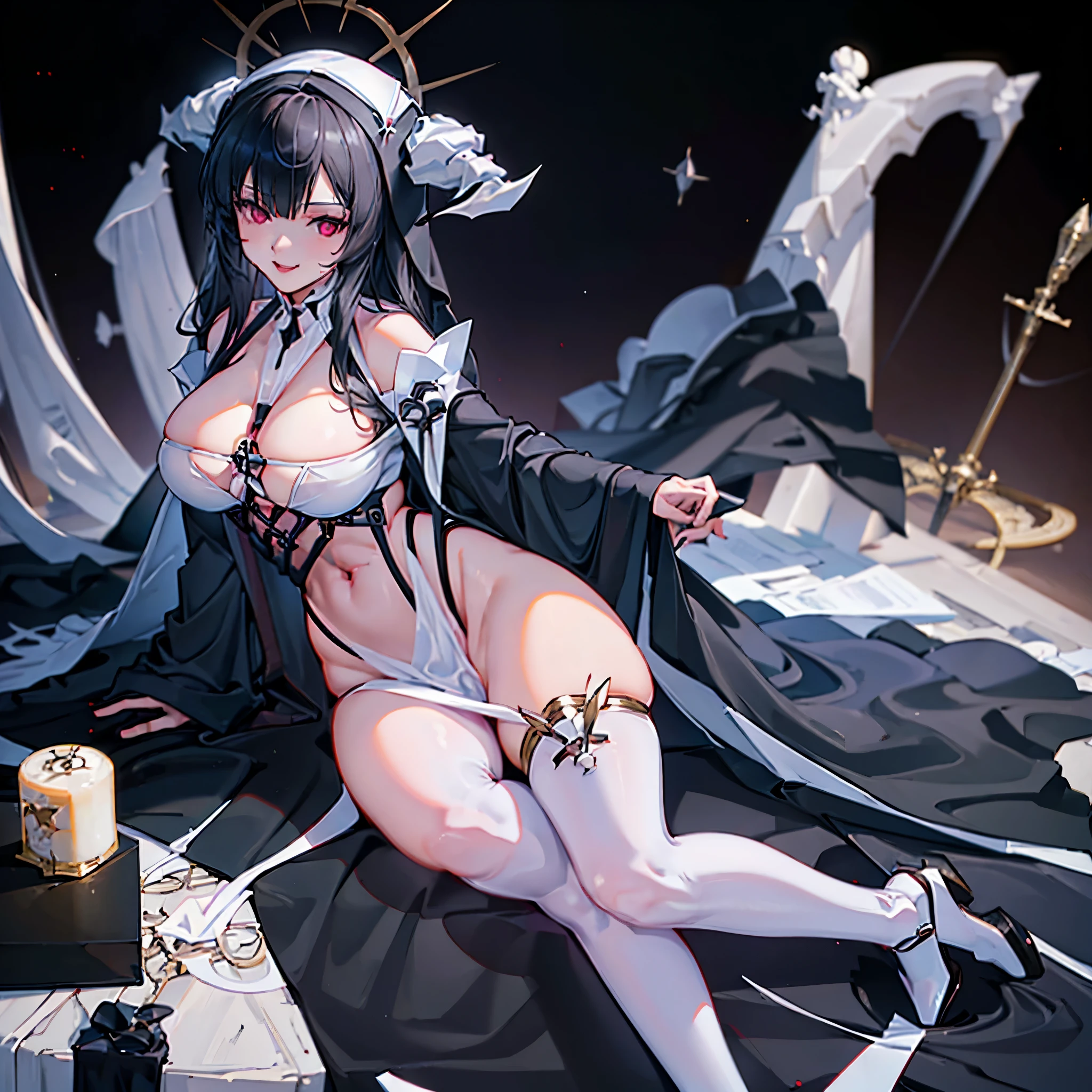 A woman with long black hair, burgundy eyes, wearing a sex nun costume, black veil, white horns, long white stockings, big breasts, smiling, outside a large castle, concrete floor,HDR, ultra resolution, well defined, masterpiece, 8K HD. (solo woman)
