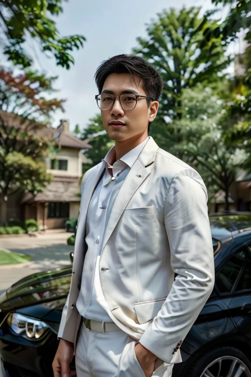 (One wearing a white shirt、Asian man in suit and tie,About 30 years old.Height 180 cm)、best quality、masterpiece、ultra high resolution、(Photo realism:1.4)、original photo、(Outdoor Highway One wears silver-white titanium alloy thin-rimmed glasses、Young handsome man in suit standing up、Standing under the red maple tree、Red and big maple leaves、delicate leaves、branch details)、(A white BMW car next to the man、Man&#39;s hands on car roof)shadow、octane rendering、8K、Super sharp、realistic light、(There is only one car on the street、man&#39;s shining eyes、looking in the direction of the camera)、小LED、Ultra high quality、　High、　gentleman、very beautiful hair、　bright photos、　As handsome as a model、　As handsome as an idol,Professional profile photo, Professional portrait photos、Realistic portrait photos, Detailed color portrait, Portrait of an idol, High quality portrait.