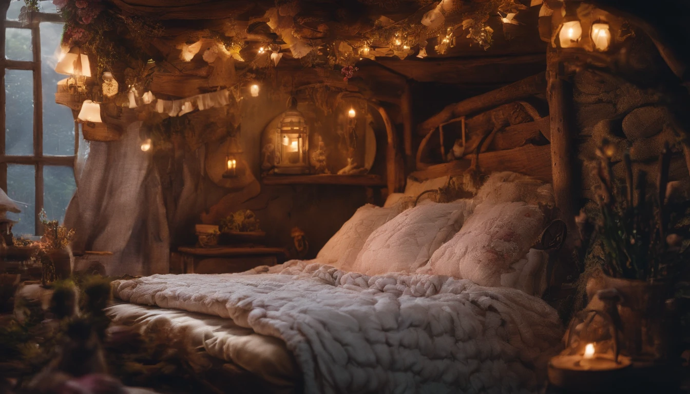 Zoom in on rustic pillows, bed in a fairy house at midnight, rustic wooden bed with fluffy pillows and handmade quilted blanket, soft light from natural light fixtures, room decorated with natural materials, jewelry and flowers, magical and mysterious atmosphere, ultimate relaxing space, real, photo, single person view, super detail, high detail, high quality, 8K, very realistic、photograph、one person perspective、super detail、high detail、high quality、8K、