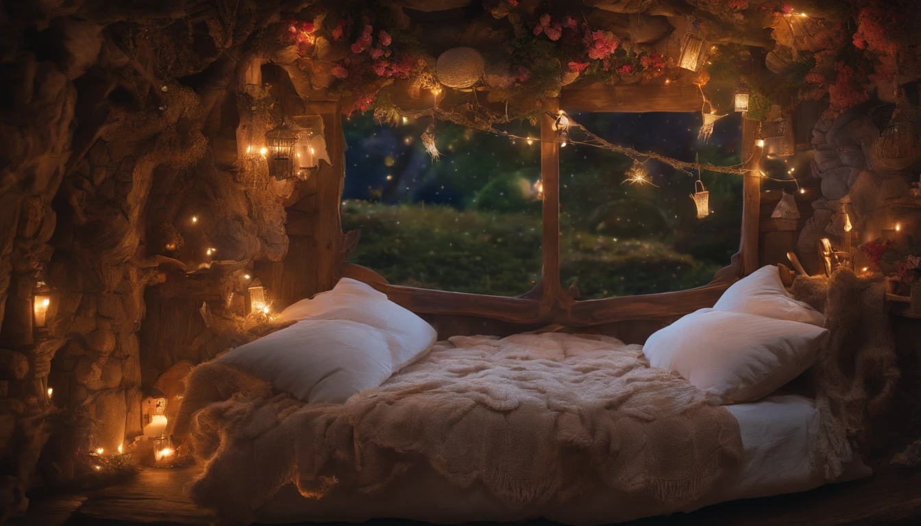 Zoom in on rustic pillows, bed in a fairy house at midnight, rustic wooden bed with fluffy pillows and handmade quilted blanket, soft light from natural light fixtures, room decorated with natural materials, jewelry and flowers, magical and mysterious atmosphere, ultimate relaxing space, real, photo, single person view, super detail, high detail, high quality, 8K, very realistic、photograph、one person perspective、super detail、high detail、high quality、8K、