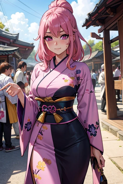A pink haired woman with violet eyes and an hourglass figure in a traditional kimono is blushing in a festival