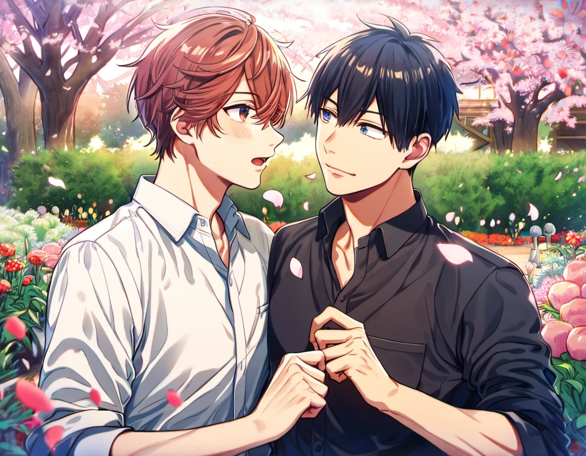 absurdres, highres, ultra detailed, HDR), master piece, best quality, Uenoyama Ritsuka, black hair, expressive blue eyes, Given, Sato Mafuyu, pink-brown hair, expressive brown eyes, 2men together, gay couple, handsome, petals, garden