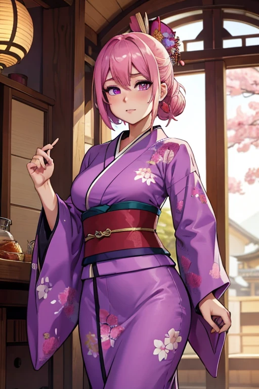 A pink haired woman with violet eyes and an hourglass figure in a traditional kimono is blushing in a festival