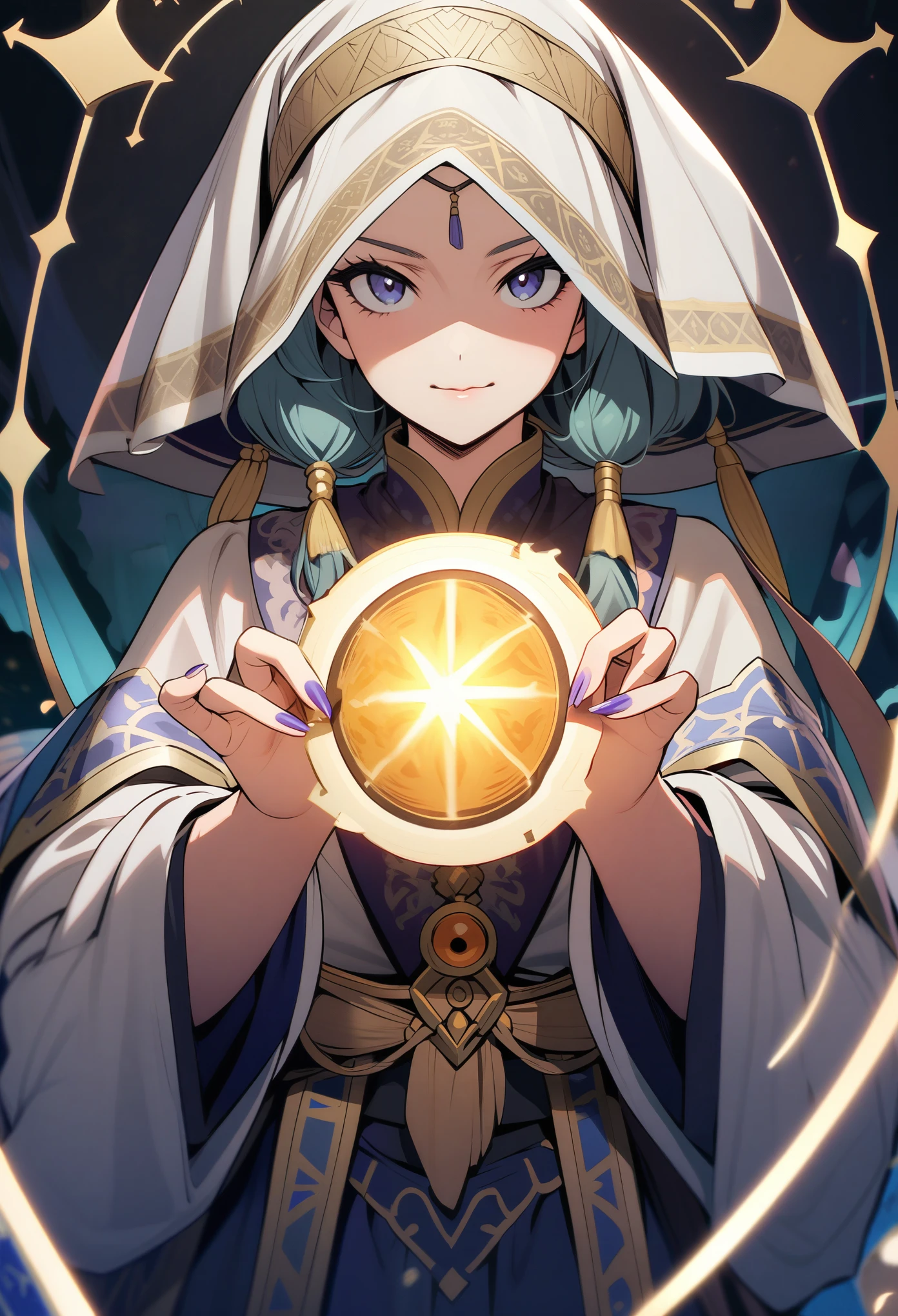 Animated image of a fortune teller holding a tarot card and showing it to the viewer