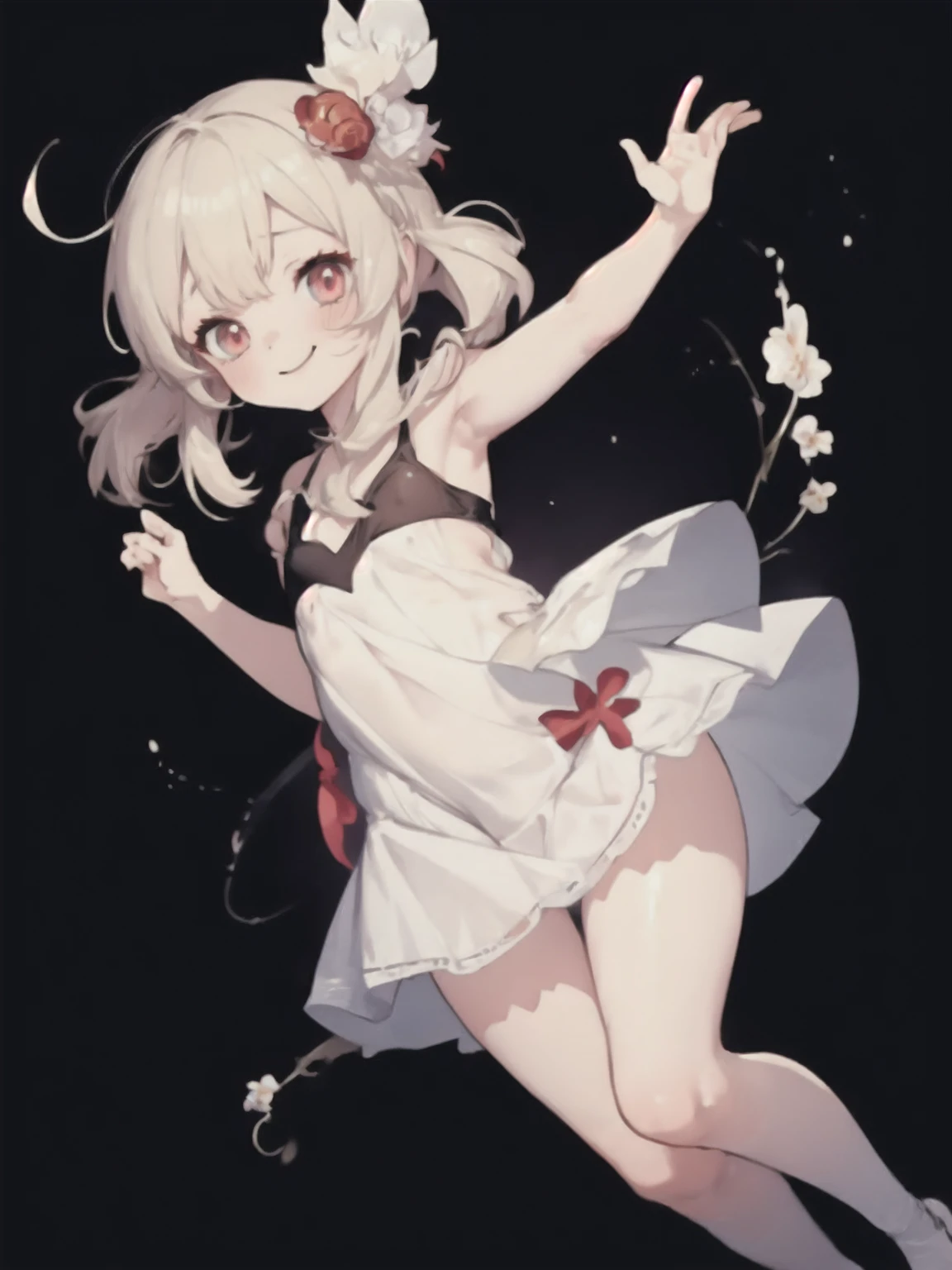 Klee, flat chest, full body, thick thigh ,mini skirt ,short dress, chemise,high-waisted skirt,simple dress, openlegs,White silk pantyhose,good eyes,Smiling softly, cute, perfect body ratio,armpit