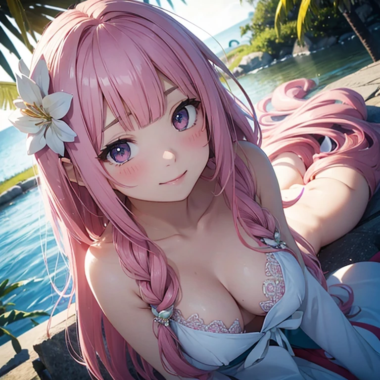 white、Ocean、droopy eyes、顔にpink eyes玉、smile、23 year old female、medium breasts、woman wearing one piece、long hair girl、((Girl with long pink hair))、Girl with bangs、detailed face、cute face、((best image quality))、mole、bouquet、bride、Mermaid Dress.blonde、pink eyes、heroine、blush