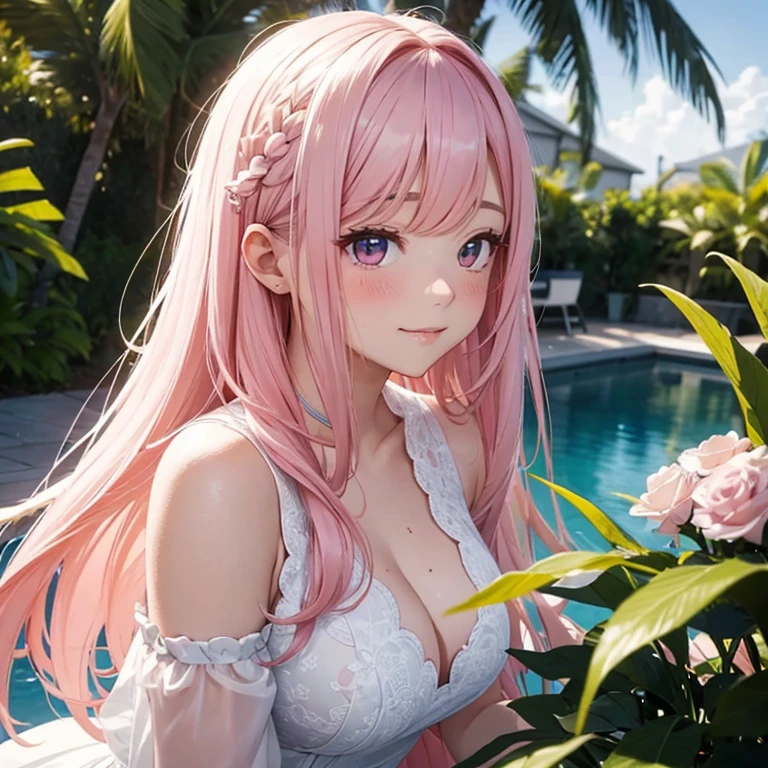 white、Ocean、droopy eyes、顔にpink eyes玉、smile、23 year old female、medium breasts、woman wearing one piece、long hair girl、((Girl with long pink hair))、Girl with bangs、detailed face、cute face、((best image quality))、mole、bouquet、bride、Mermaid Dress.blonde、pink eyes、heroine、blush