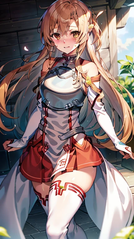 (Asuna1.5),brown hair,brown eyes,white armour,shoulder,sweating,armoured rag skirt,long gloves,thigh high boots