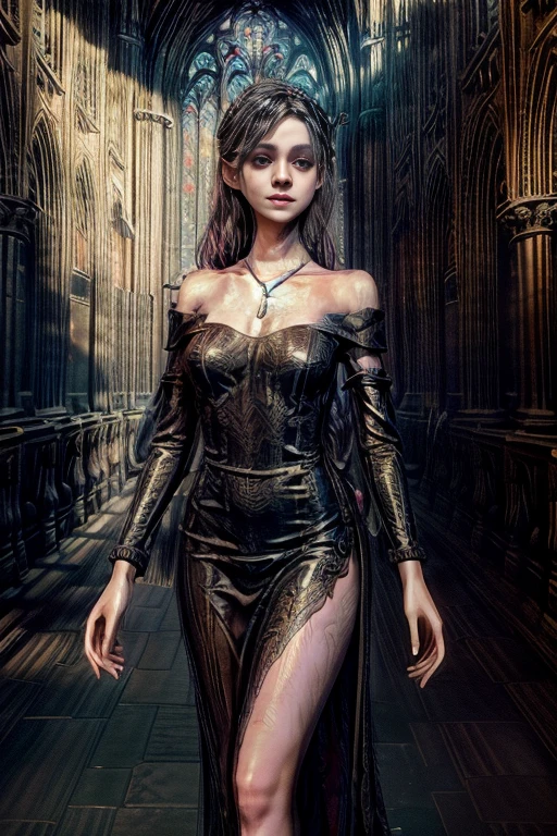 princess, pretty, beautiful face, off shoulder, long dress, slender arms, silk clothing, necklace, glass slippers, headpiece,( background: goth cathedral inside, stained colorful glass, luxury) luxury, goth architecture, high ceiling, light ray reflection from the ceiling, masterpiece, cinematic lighting, tonalism, detailed