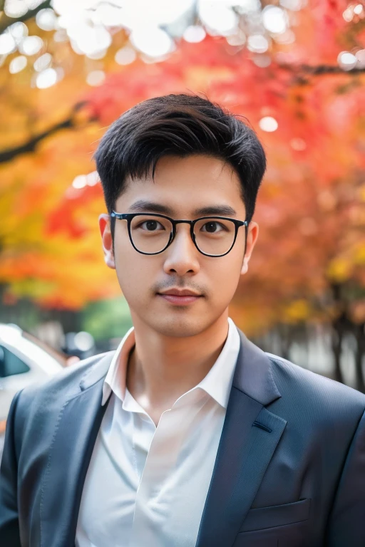 (One wears silver-white titanium alloy thin-rimmed glasses、Wearing a white shirt、Asian man in suit and tie,About 30 years old.Height 180 cm)、best quality、masterpiece、ultra high resolution、(Photo realism:1.4)、original photo、(Outdoor Highway One wears silver-white titanium alloy thin-rimmed glasses、Young handsome man in suit standing up、Standing under the red maple tree、Red and big maple leaves、delicate leaves、branch details)、(A white BMW car next to the man、Man&#39;s hands on car roof)shadow、octane rendering、8K、Super sharp、realistic light、(There is only one car on the street、man&#39;s shining eyes、looking in the direction of the camera)、小LED、Ultra high quality、　High、　gentleman、very beautiful hair、　bright photos、　As handsome as a model、　As handsome as an idol,Professional profile photo, Professional portrait photos、Realistic portrait photos, Detailed color portrait, Portrait of an idol, High quality portrait.
