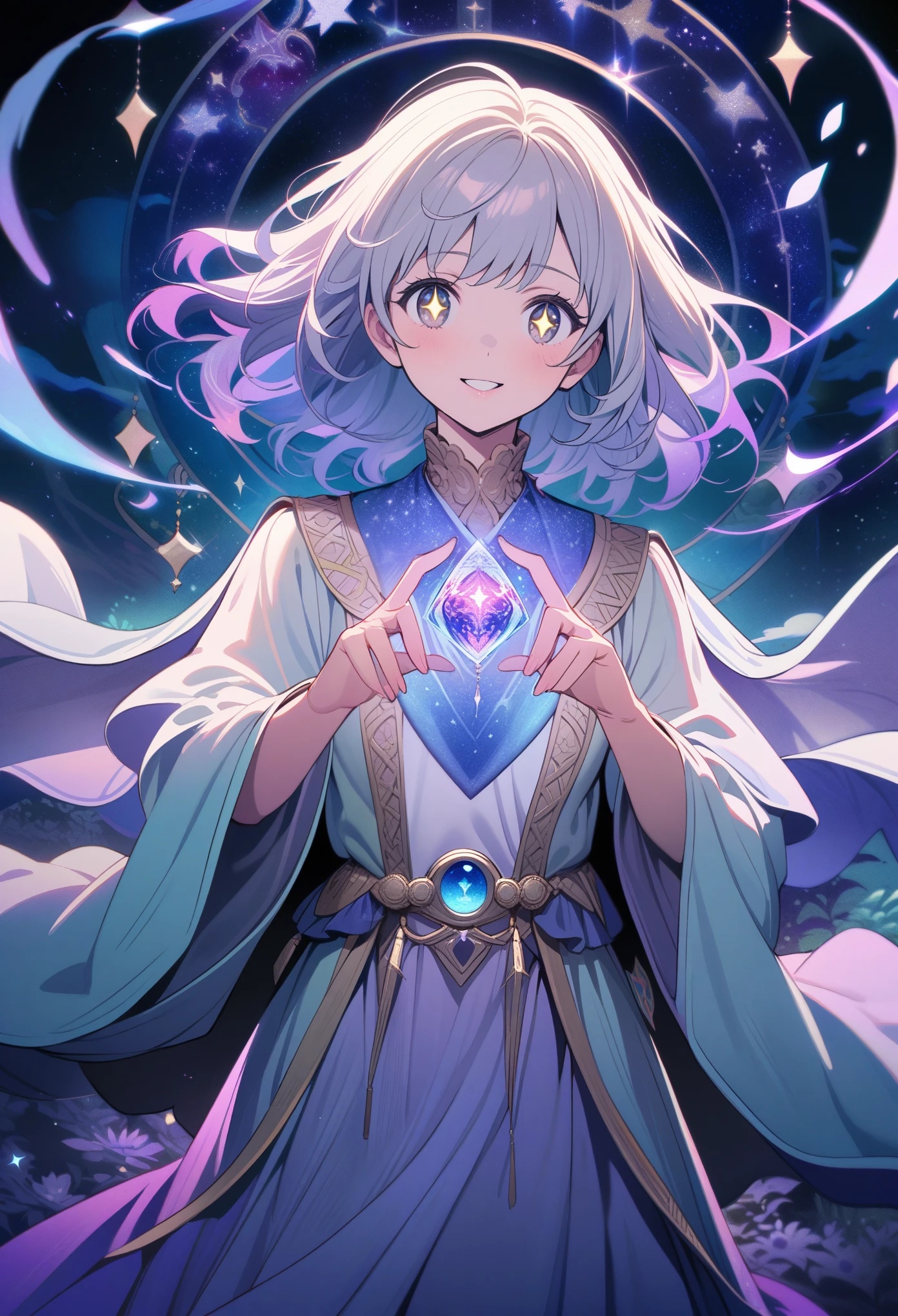 A tarot card reader holding a tarot card and showing it to us, with an anime-style illustration. (best quality,ultra-detailed),vibrant colors,professional,studio lighting,anime,fortune teller,mystical atmosphere,magical,sparkling eyes,detailed hand and fingers,flowing robe,ethereal background,gentle smile,intricate tarot card design,soft pastel tones,moonlit night,mysterious aura,enchanted,subtle shadows,shimmering starry sky.