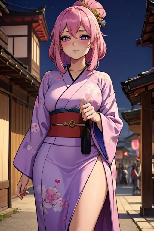 A pink haired woman with violet eyes and an hourglass figure in a traditional kimono is blushing in a festival
