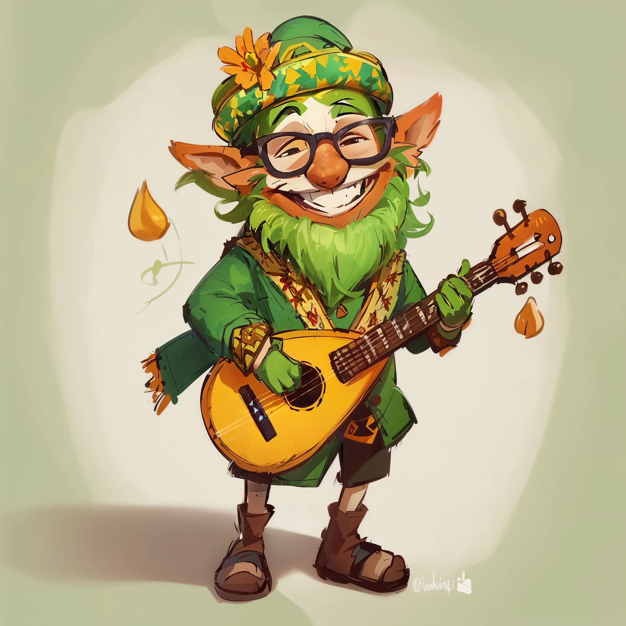 Here's another PFP description, this time for a kind and cheery character:
Your profile picture features you as a bright and cheerful bard, strumming a lute and singing merrily. You're wearing colorful clothing in shades of green, yellow, and orange, with whimsical patterns and playful accessories.
Your face is lit up with a warm smile, your eyes sparkling with joy and kindness. Your hair is a curly, light brown, falling loosely around your shoulders as you sway to the music.
The background is a sunny meadow, with wildflowers swaying in the breeze and a clear blue sky above. The colors are bright and vibrant, with pastels and earth tones capturing the peaceful and happy atmosphere. Your carefree and joyful demeanor invites others to join in your song and dance, spreading warmth and happiness wherever you go.