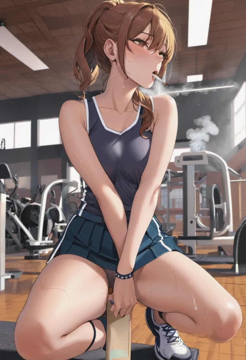 a school girl smoking cigarettes rapidly while masturbating, the cigarette ash is very long, sucking very hard on the cigarette, gym girl, pain, agony,
