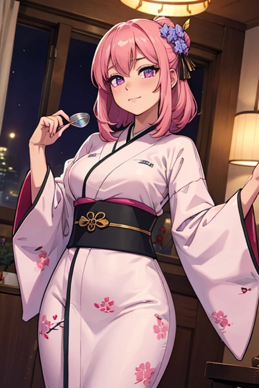 A pink haired woman with violet eyes and an hourglass figure in a traditional kimono is blushing in a festival