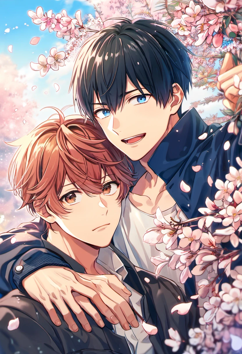 absurdres, highres, ultra detailed, HDR), master piece, best quality, Uenoyama Ritsuka, black hair, expressive blue eyes, Given, Sato Mafuyu, pink-brown hair, expressive brown eyes, 2men together, gay couple, handsome, petals, garden