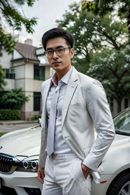 (One wears silver-white titanium alloy thin-rimmed glasses、Wearing a white shirt、Asian man in suit and tie,About 30 years old.Height 180 cm)、best quality、masterpiece、ultra high resolution、(Photo realism:1.4)、original photo、(Outdoor Highway One wears silver-white titanium alloy thin-rimmed glasses、Young handsome man in suit standing up、Standing under the red maple tree、Red and big maple leaves、delicate leaves、branch details)、(A white BMW car next to the man、Man's hands on car roof)shadow、octane rendering、8K、Super sharp、realistic light、(There is only one car on the street、man's shining eyes、looking in the direction of the camera)、小LED、Ultra high quality、 High、 gentleman、very beautiful hair、 bright photos、 As handsome as a model、 As handsome as an idol,Professional profile photo, Professional portrait photos、Realistic portrait photos, Detailed color portrait, Portrait of an idol, High quality portrait.