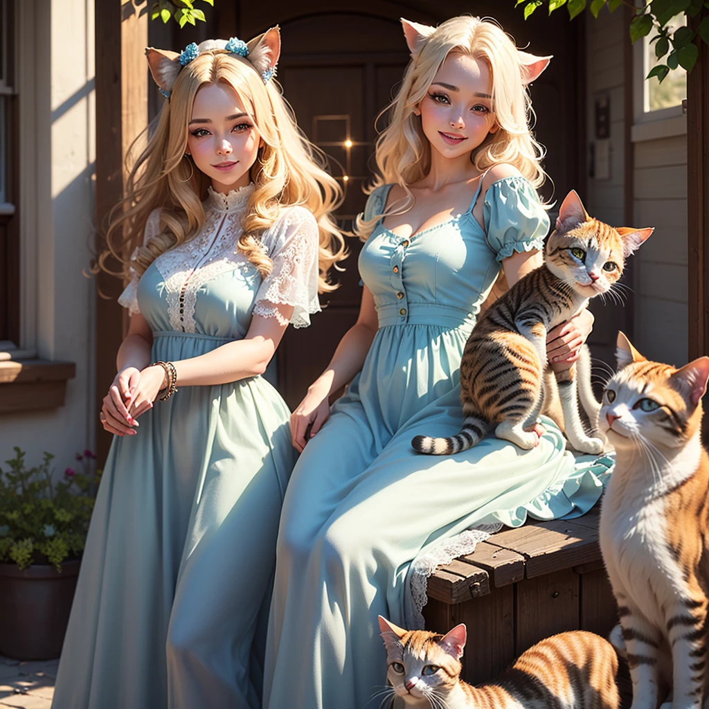 (deer:1.1), (charming:women:1.1), (beauty:1.3), (blonde:bob:1.1), (vivid colors), (ethereal:medium), (flowing:outfit), (sheer,translucent,breezy:0.9), (billowing,floating:0.9), (blue:1.1), (long,airy:0.9) (dress,skirt:1.1), (full,luscious:lips:1.1), (delightful,expressive:1.1), (smiling,happily,joyfully:1.2), (enchanting,sparkling:detailed eyes), (playful,sweet:1.2) (cat:kitty,kitten:1.1), (adorable:1.1), (suburban:neighbourhood), (sunlit,calm:1.1)