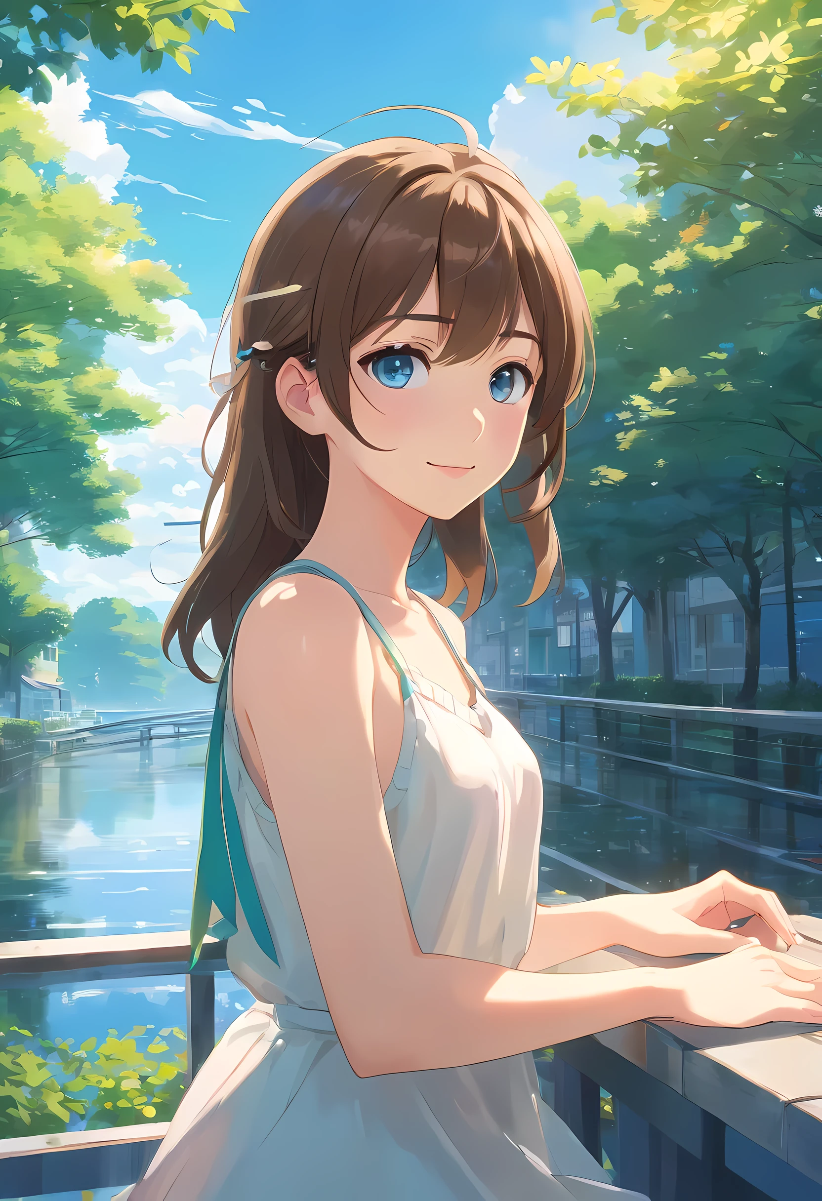 an extremely delicate and beautiful girl, detailed face depiction, realistic eyes, smiling, long brown hair, blue eyes, white dress, sitting, trees, no humans, clear blue sky, cloud, outdoors, reflection, sky, building, water, daylight, blurry, summer, shadow, scenery, 8k wallpaper, masterpiece, Cinematic Lighting, best quality, Illustration, photorealistic scenery,