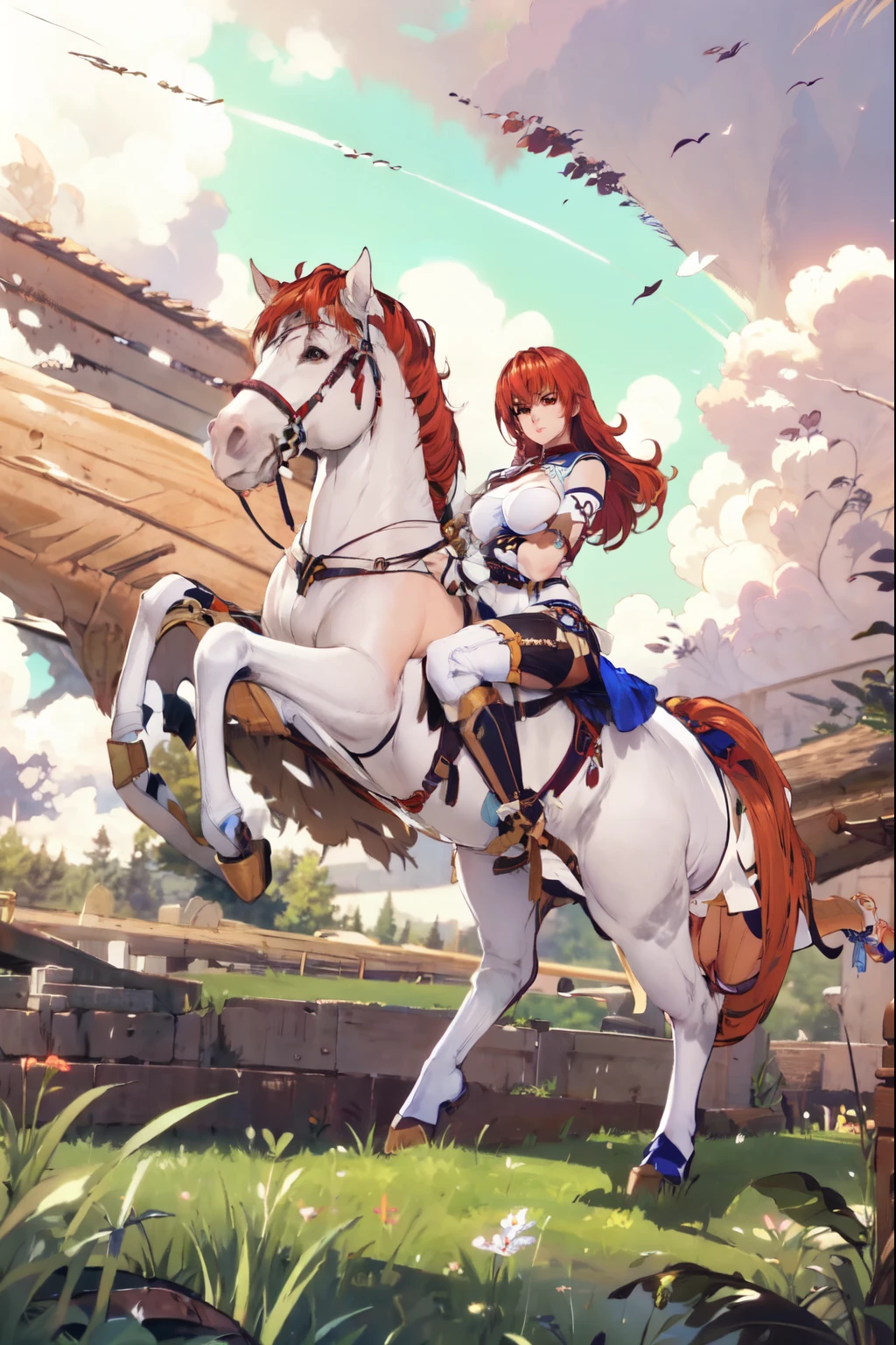 4k, masterpiece, solo, long hair, straight hair, between eyes bangs, {red hair}, brown eyes, large breast, riding on a white horse, (white horse: 1.0, bridle, saddle, stir ups, reins: 1.2), grass land,(warrior armor, pink miniskirt, white boots), anatomically correct,