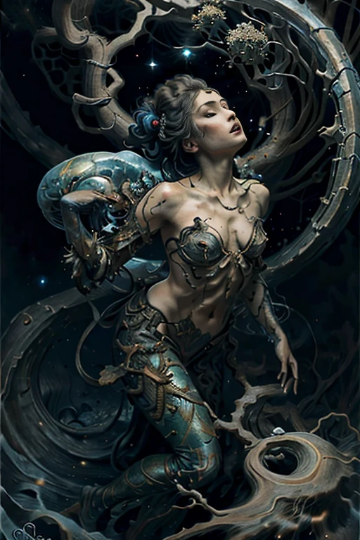 best quality,4k,8k,highres,masterpiece:1.2,ultra-detailed,realistic:1.37,HDR,UHD,studio lighting,ultra-fine painting,sharp focus,physically-based rendering,extreme detail description,professional,art nouveau,tarot card style,dramatic angle, terrified face expression, beautiful alien female,creatures from outer space, JnTrp, (1 alien female being dragged by several tree roots into a cosmic vortex:1.5), entangled, (desperately screaming), fractalized, organic exoskeleton,glass exoskeleton,alien flora,(bioluminescent fungi),vivid colors,pale purple hues,trending on cgsociety,landscape,horror,sci-fi,concept artists,bright and vibrant colors,dreamy lighting