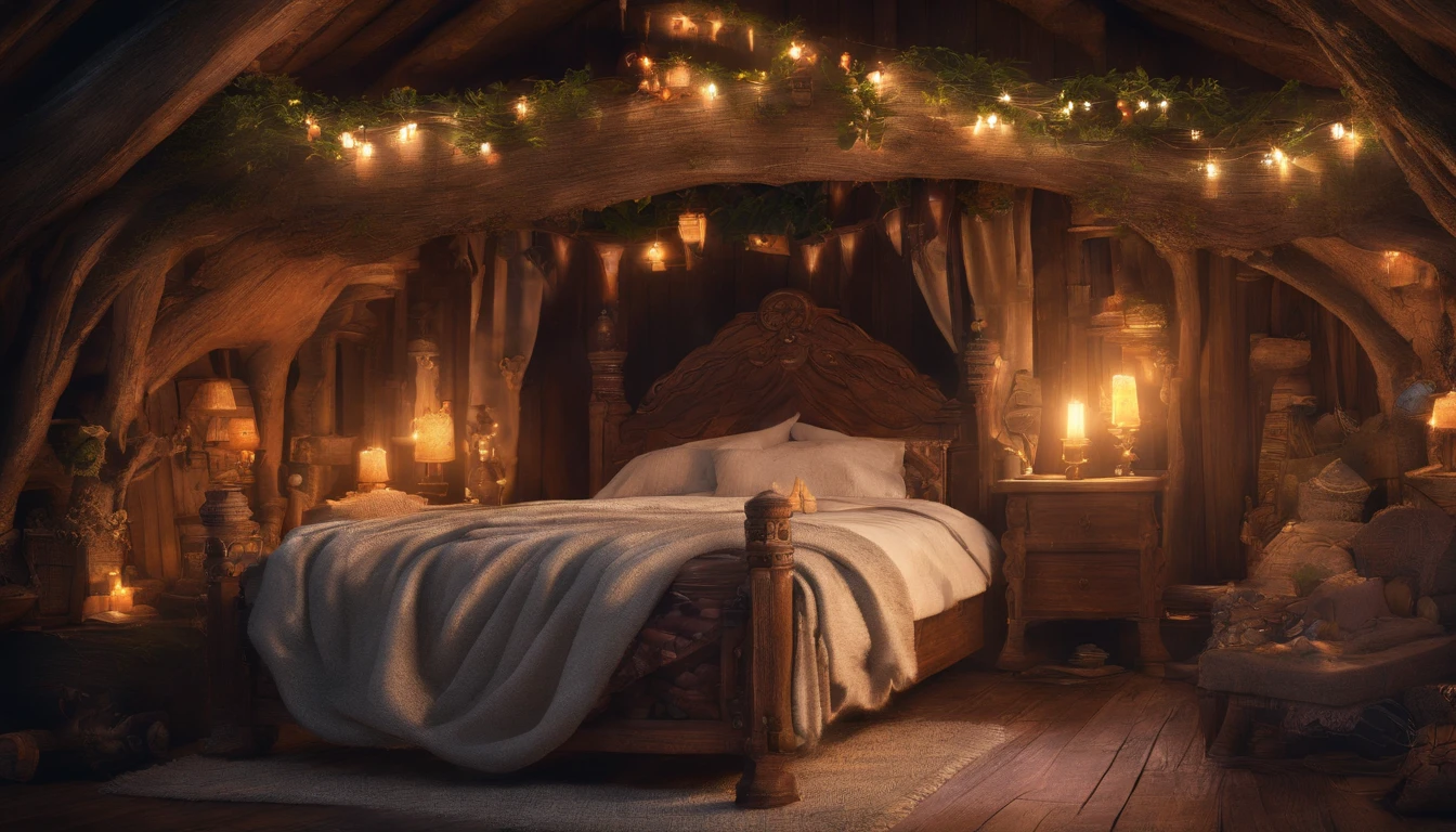 Zoom in on rustic pillows, midnight, fairy beds, rustic wooden beds with fluffy pillows and handmade quilted blankets, soft light from natural light fixtures, a fantastic and mysterious atmosphere, the ultimate relaxing space, very realistic、photograph、one person perspective、super detail、high detail、high quality、8K、