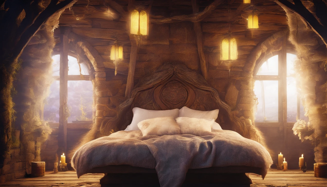 Zoom in on rustic pillows, midnight, fairy beds, rustic wooden beds with fluffy pillows and handmade quilted blankets, soft light from natural light fixtures, a fantastic and mysterious atmosphere, the ultimate relaxing space,  very realistic、photograph、one person perspective、super detail、high detail、high quality、8K、