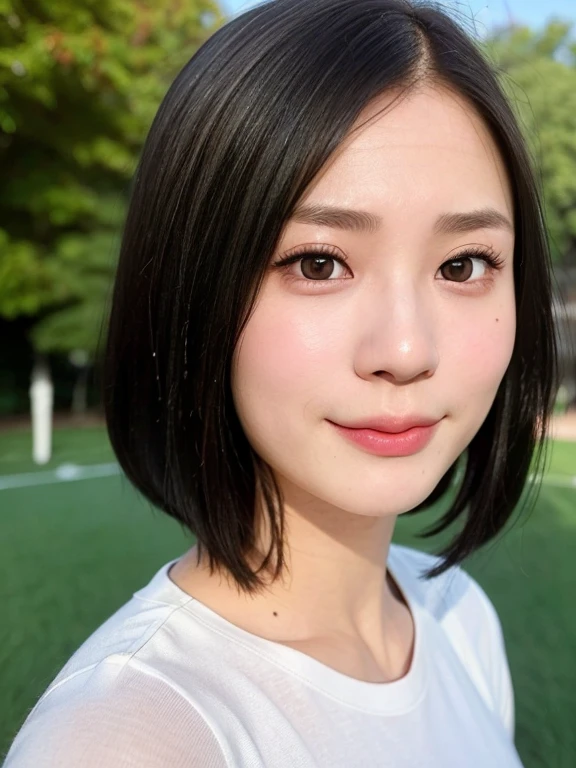(kawaii 24 year-old Japanese girl, Nogizaka idol, Korean idol), healthy female athlete body, (glossy black hair, very short hair, symmetric hair length:1.3), (bangs), messy hair edge, (rounded face, brown eyes, single eyelid, no makeup, soft smiling:1.2), (wearing over-sized t-shirt, skinny jeans:1.3), flat ?????, extra small ???????, (looking at viewer:1.2), BREAK, (turf in the park background:1.3), (dynamic angle:1.3), face focus, BREAK, (masterpiece, best quality, photo realistic, official art:1.4), (UHD, 8K quality wallpaper, high resolution, raw photo, golden ratio:1.2), (shiny skin), professional lighting, physically based rendering, award winning, (perfect ???????, highly detailed skin, extremely detailed face and eyes), Carl Zeiss 85 mm F/1.4, depth of field, 1girl, solo,