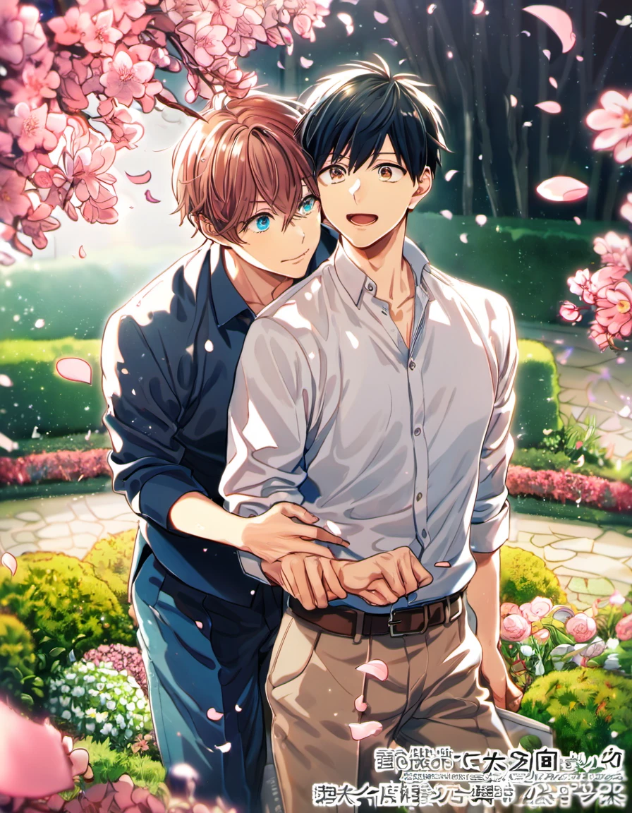 absurdres, highres, ultra detailed, HDR), master piece, best quality, Uenoyama Ritsuka, black hair, expressive blue eyes, Given, Sato Mafuyu, pink-brown hair, expressive brown eyes, 2men together, gay couple, handsome, petals, garden