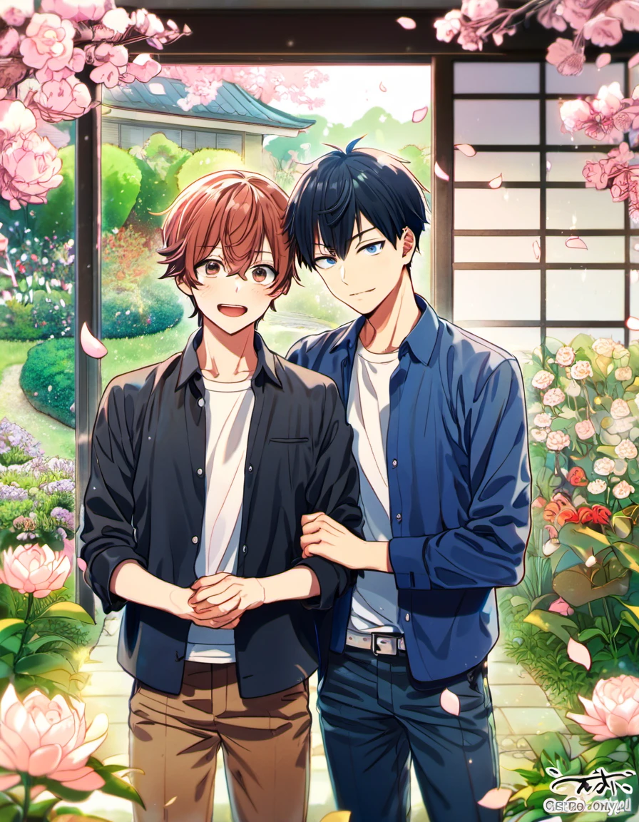 absurdres, highres, ultra detailed, HDR), master piece, best quality, Uenoyama Ritsuka, black hair, expressive blue eyes, Given, Sato Mafuyu, pink-brown hair, expressive brown eyes, 2men together, gay couple, handsome, petals, garden