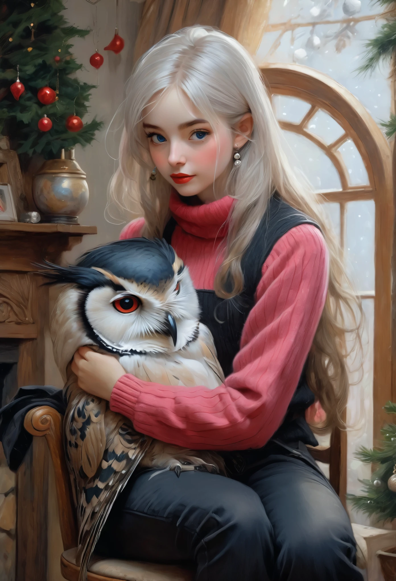 realism, picture, Fantastic tale, Christmas style, John Tolkien style, Small painting by Jean-Baptiste Monge, Rocker owl hugs rocker swallow, soft facial features, sitting in a chair with flowing black hair , Straight hair , near the Christmas tree, soft facial features, Wearing trousers, Wearing a sweater, With light makeup, dark pink lips, lip shape"pearl" ,"curved eyebrows in the shape of Engriberts, Blue eyes, heavy-lidded eye shape, human hand, Human hand, very clear without flaws with five fingers,Черные длинные Straight hair ,, In a short red sweater, in black trousers,mischievous character, a fireplace, Christmas tree, present, Jean-Baptiste Monge, anthropomorphic --ar 2:3 --testp - optimistic; Straight hair